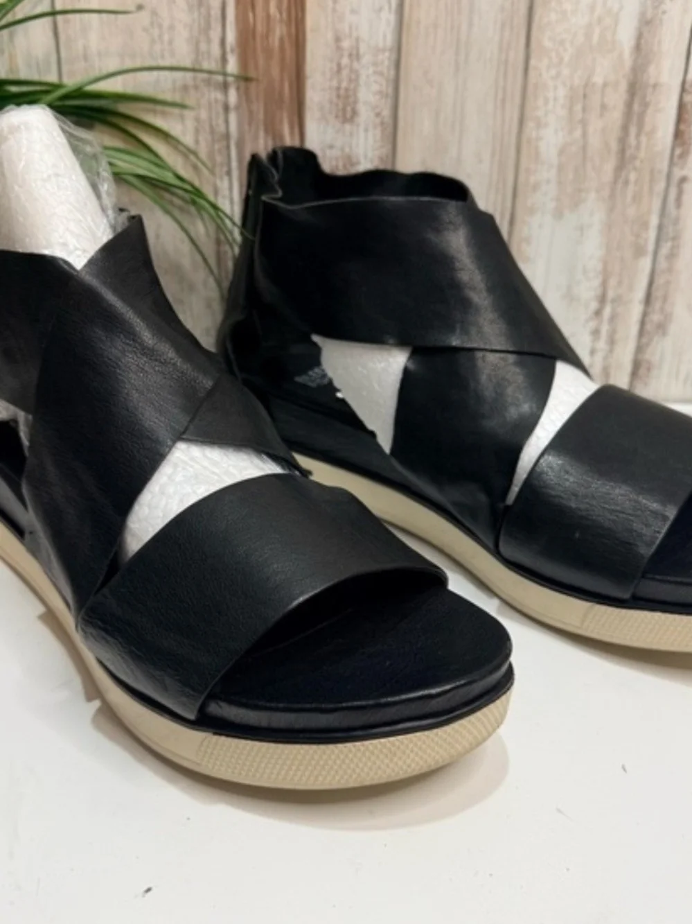 Eileen Fisher Black Leather Cutout Platform Sandals - Size 8